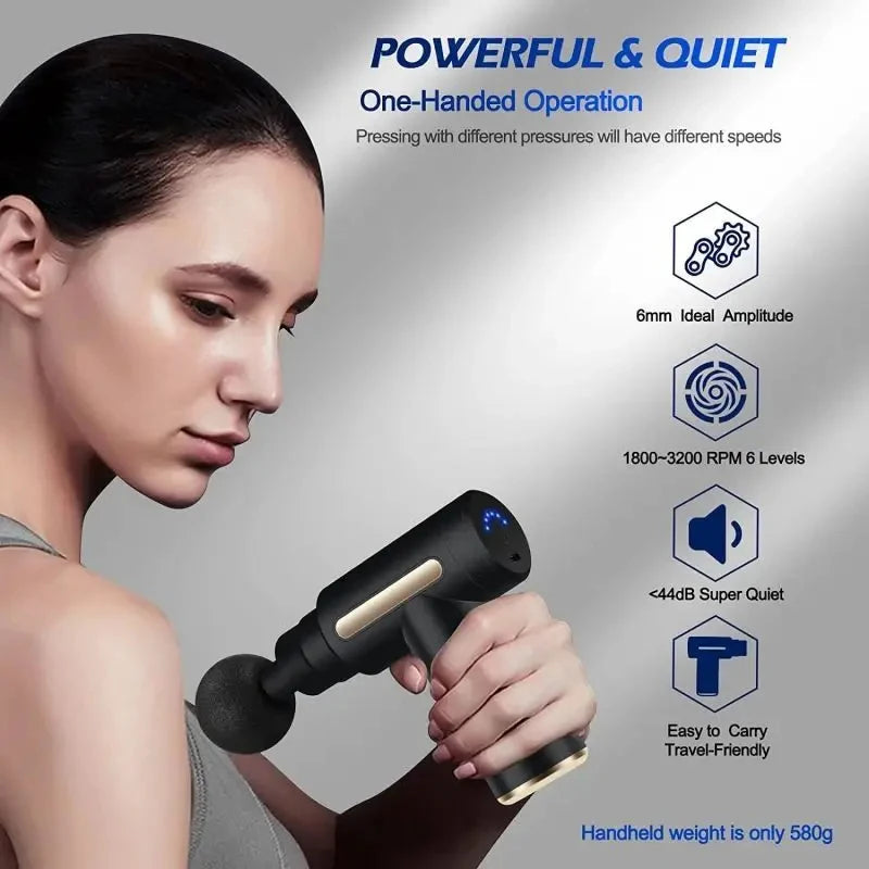 Portable Fascia Gun | Mini Lightweight Body Massager with LED Touch Screen & 4 Replaceable Heads